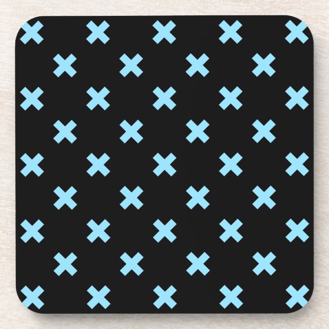 Baby blue cross stitches on black beverage coaster (Front)