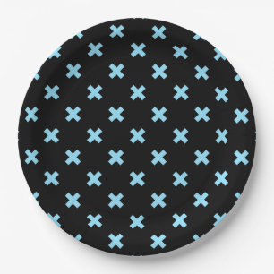 Baby blue cross stitches on black paper plates