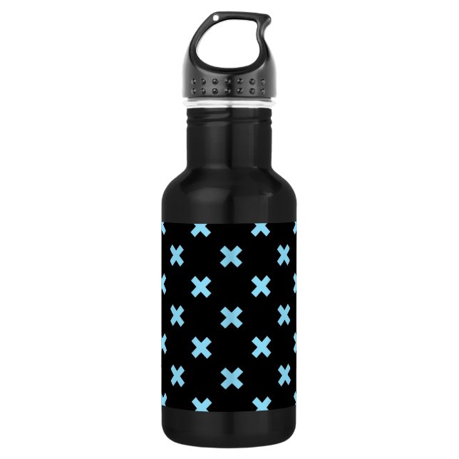 Baby blue cross stitches on black stainless steel water bottle (Front)
