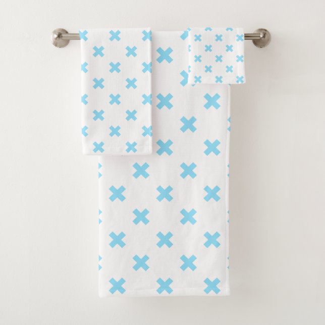 Baby blue cross stitches on white bath towel set (Insitu)