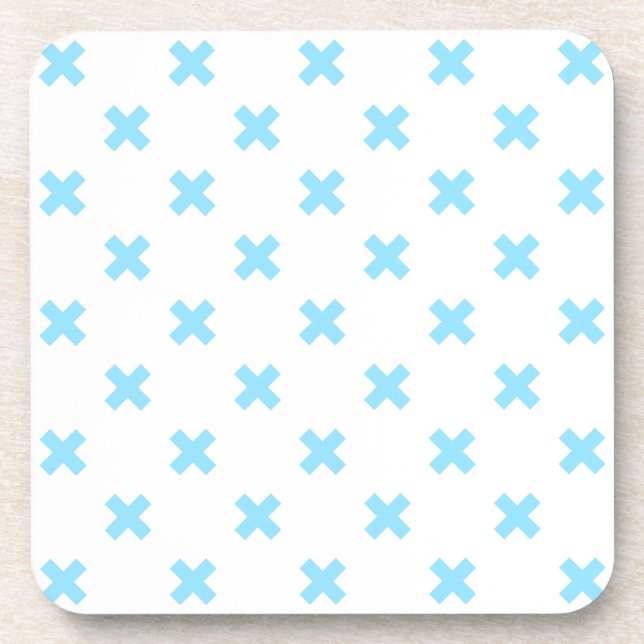 Baby blue cross stitches on white beverage coaster (Front)