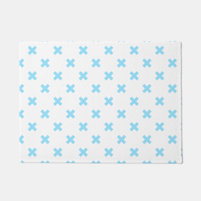 Baby blue cross stitches on white doormat (Front)