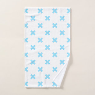 Baby blue cross stitches on white hand towel 