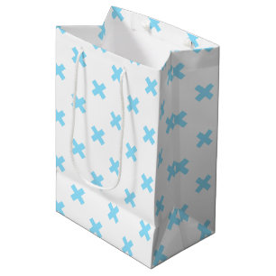 Baby blue cross stitches on white medium gift bag