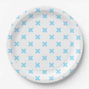 Baby blue cross stitches on white paper plates