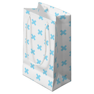 Baby blue cross stitches on white small gift bag