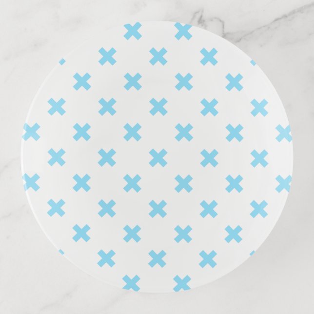Baby blue cross stitches on white trinket tray (Front)
