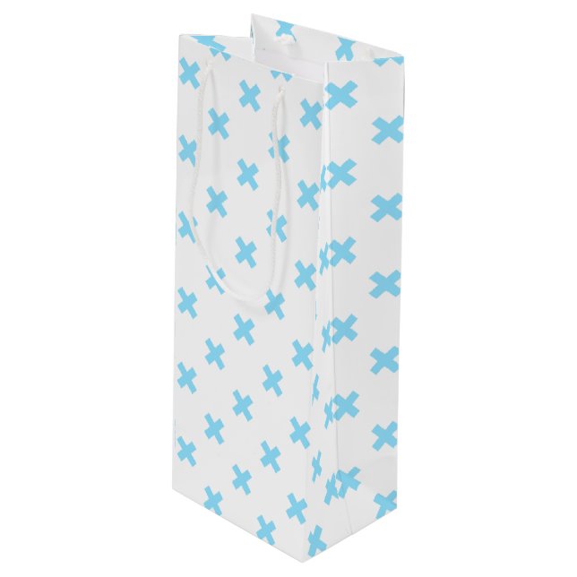 Baby blue cross stitches on white wine gift bag (Front Angled)
