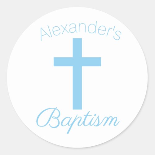 Baby Blue Cross with Custom Name Baptism Classic Round Sticker