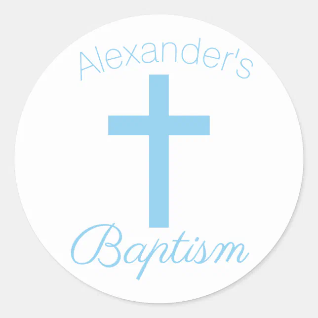 Baby Blue Cross with Custom Name Baptism Classic Round Sticker | Zazzle