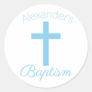 Baby Blue Cross with Custom Name Baptism Classic Round Sticker