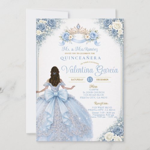 Baby Blue Crown Gold Quinceañera Invitation