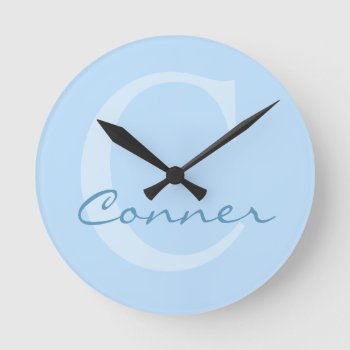 Baby-blue Custom Monogram For Baby/child's Room Round Clock by MagnificentMonograms at Zazzle