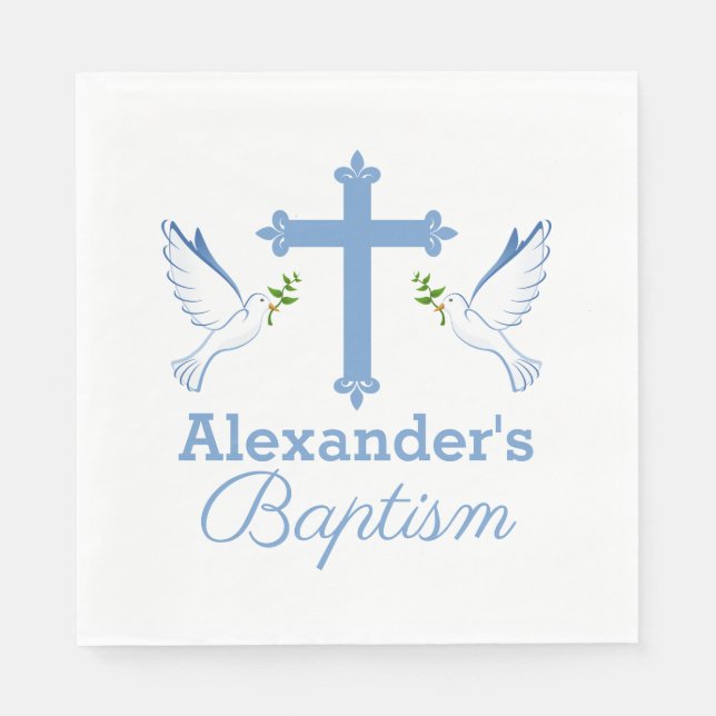 Baby Blue Custom Name Baptism with Cross and Doves Napkins (Front)