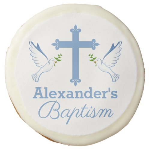 Baby Blue Custom Name Baptism with Cross and Doves Sugar Cookie