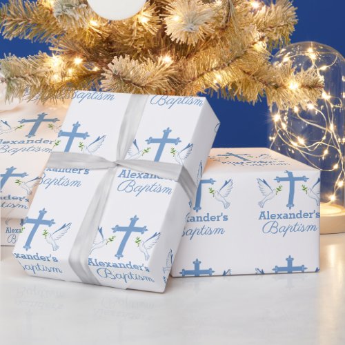 Baby Blue Custom Name Baptism with Cross and Doves Wrapping Paper