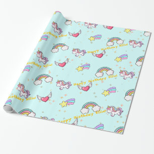 Baby Blue Cute Rainbow Unicorn Star Magical Wrapping Paper