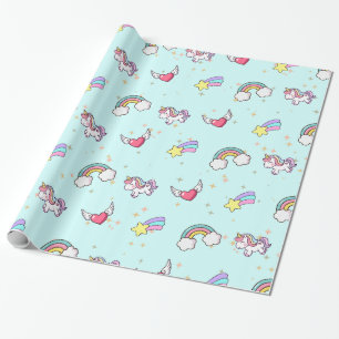Baby Blue Cute Rainbow Unicorn Star Magical Wrapping Paper
