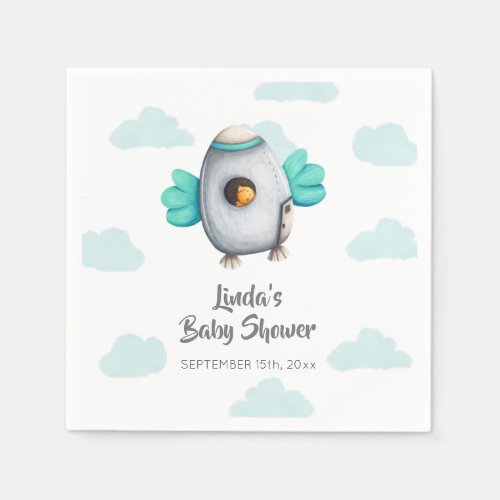 Baby Blue Cute Spaceship with Bird Personalized Napkins