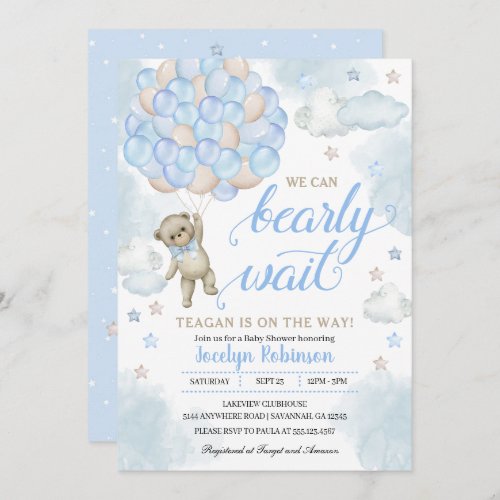 Baby Blue Cute Teddy Bear Balloons Baby Shower Invitation