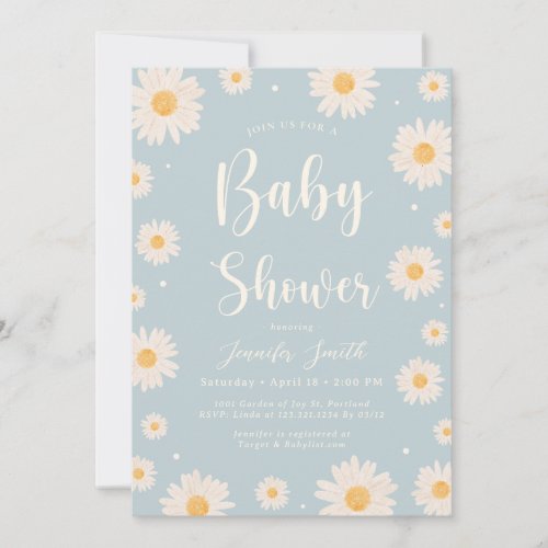 Baby Blue Daisy Floral Girl Baby Shower Invitation