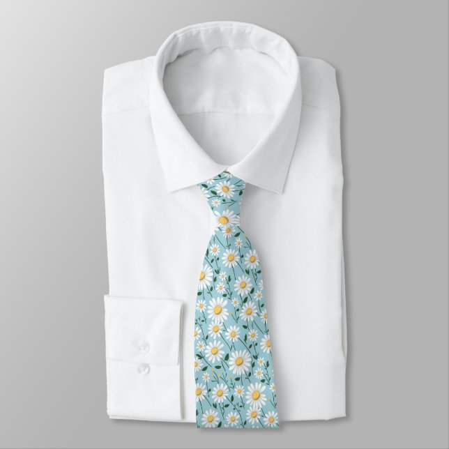 Baby Blue Daisy Floral Groomsmen Neck Tie (Tied)