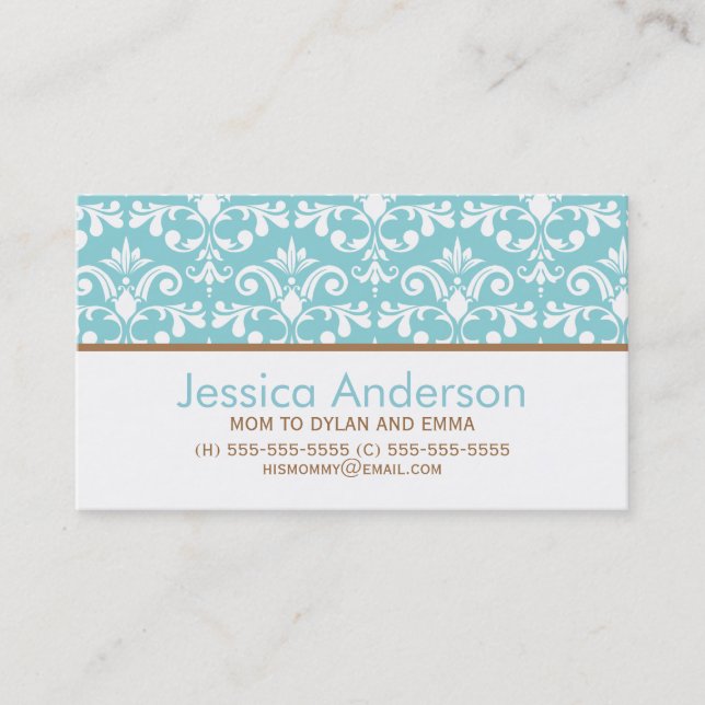 Baby Blue Damask Pattern Calling Cards (Front)
