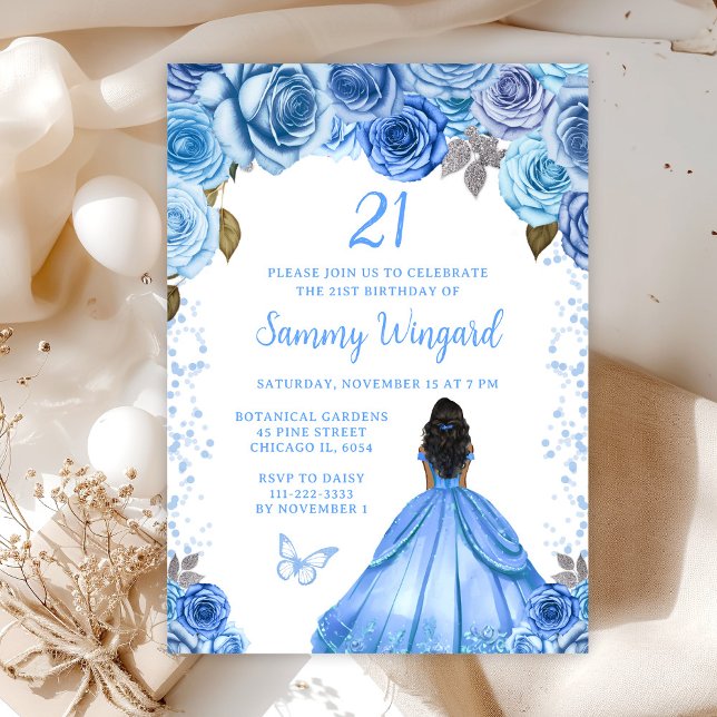 Baby Blue Dark Skin Princess Birthday Party Invitation (Creator Uploaded)