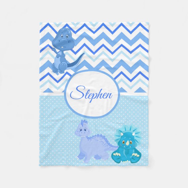 Baby Blue Dinosaur Chevron Personalized Fleece Blanket (Front)