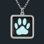 Baby Blue Dog Pawprint Silver Plated Necklace<br><div class="desc">Cartoon dog paw print in blue.
Black background version.</div>