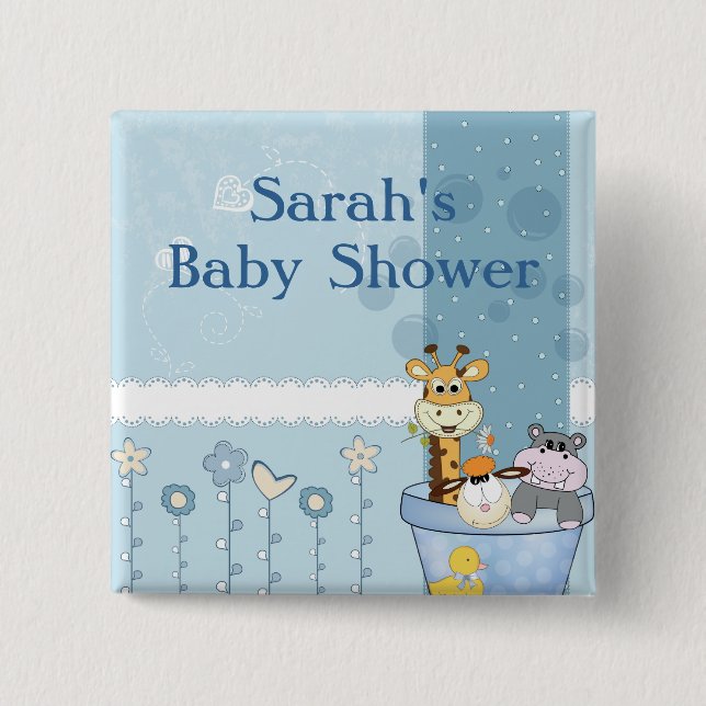 Baby Blue Dots Animals Flowers Baby Shower Button (Front)