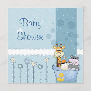 Baby Blue Dots Animals Flowers Baby Shower Invitation