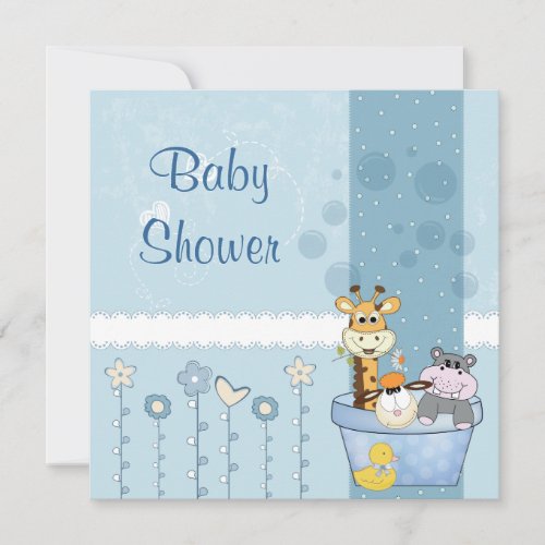 Baby Blue Dots Animals Flowers Baby Shower Invitation