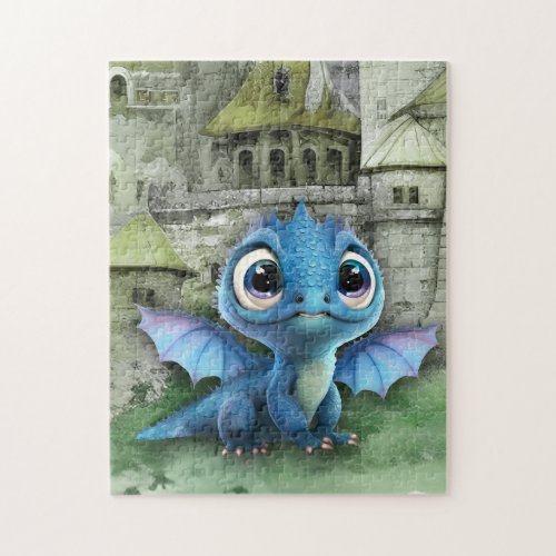 Baby Blue Dragon And Fantasy Medieval Castle Jigsaw Puzzle