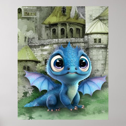 Baby Blue Dragon And Fantasy Medieval Castle Poster
