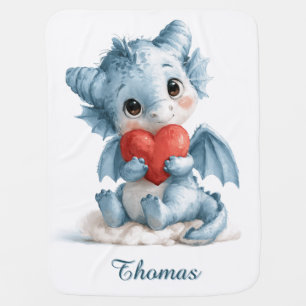 Baby Blue Dragon with Red Heart and Custom Name Blanket