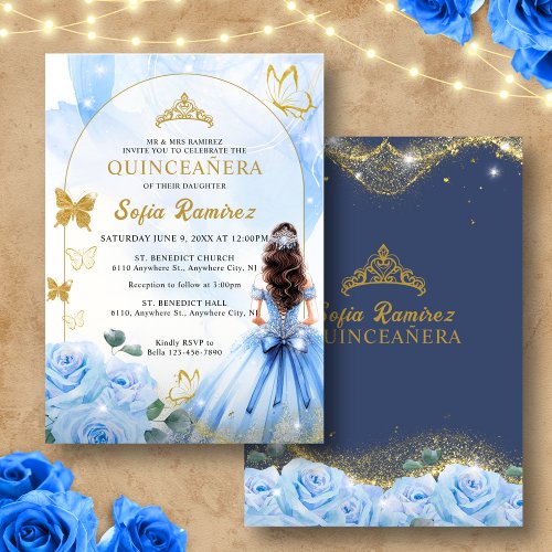 Baby Blue Dress Princess Glitter Quinceaera Invitation