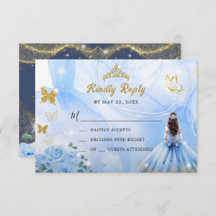 Baby Blue Dress Princess Glitter Quinceañera RSVP Card