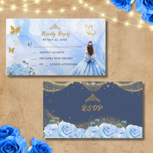 Baby Blue Dress Princess Glitter Quinceaera RSVP  Enclosure Card