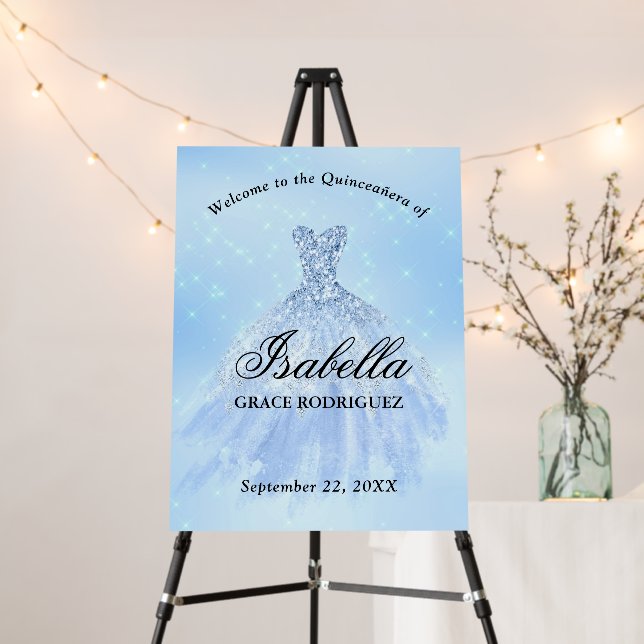 Baby Blue Dress Quinceanera Welcome Sign (In Situ (Stand))