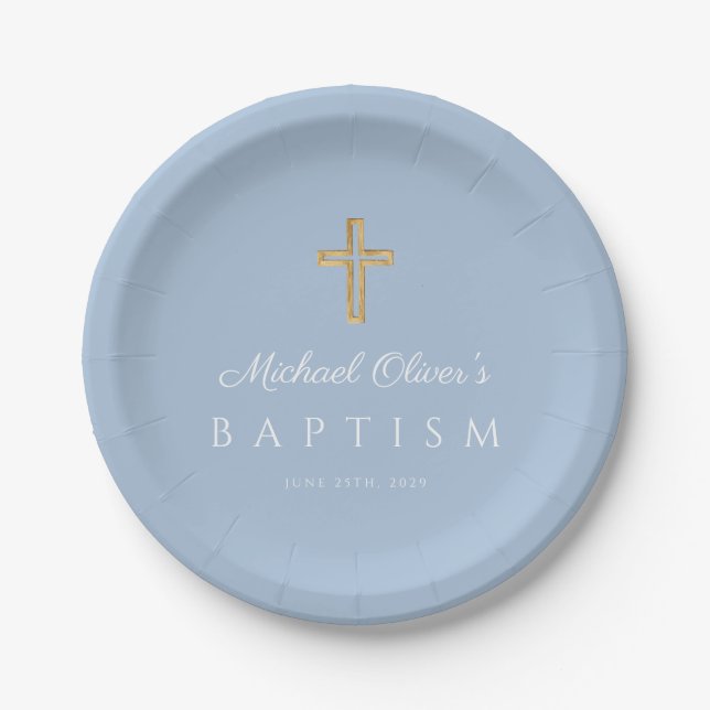 Baby Blue Elegant Religious Cross Boy Baptism Paper Plates (Front)