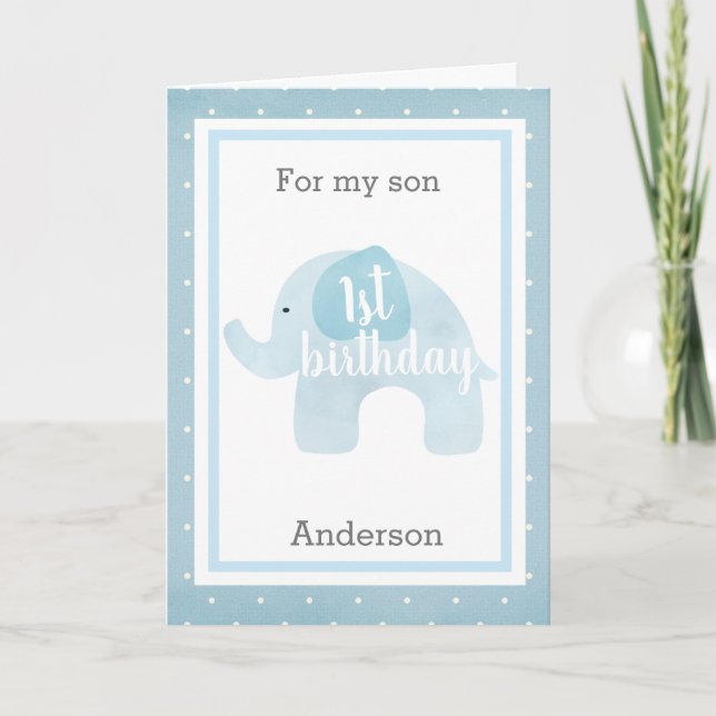 Baby Blue Elephant 1st Birthday Son Card (Front)