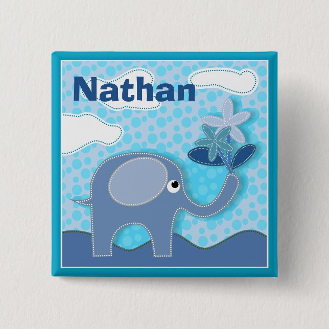 Baby Blue Elephant and Flower Personalised Kids Button (Front)