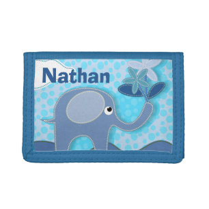 Baby Blue Elephant and Flower Personalised Kids Trifold Wallet
