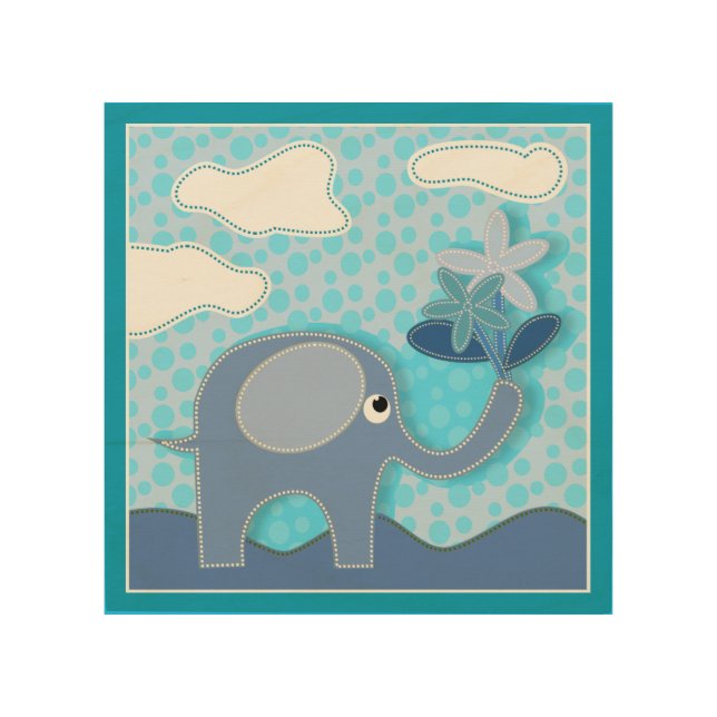 Baby Blue Elephant and Flower Wood Wall Art (Front)