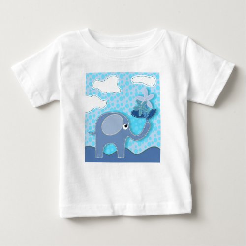 Baby Blue Elephant and Flowers Baby T_Shirt