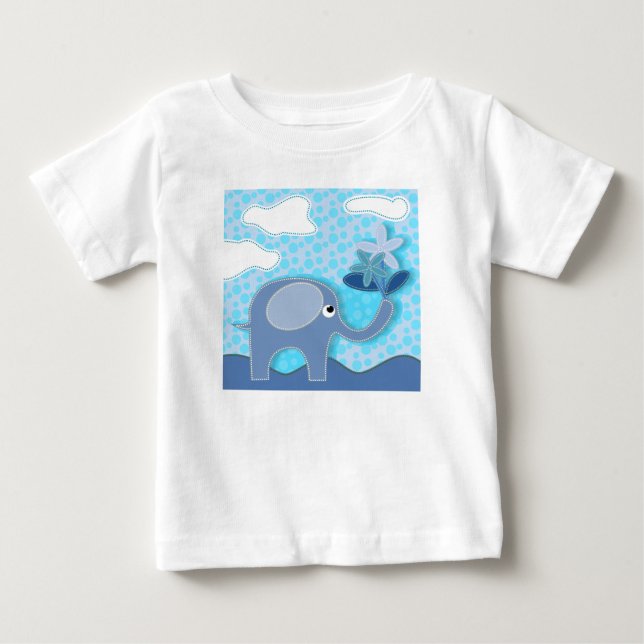 Baby Blue Elephant and Flowers Baby T-Shirt (Front)