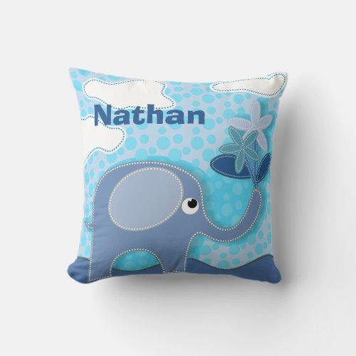 Baby Blue Elephant and Flowers Personalised Throw Pillow