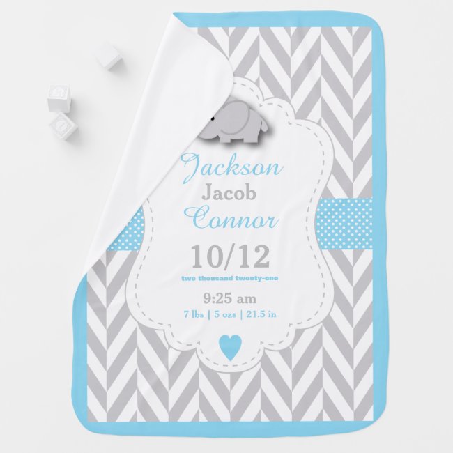 Baby Blue Elephant Birth Keepsake Design Baby Blanket