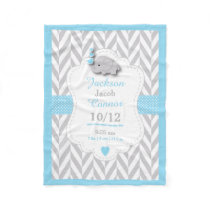 Baby Blue Elephant Birth Keepsake Design Fleece Blanket